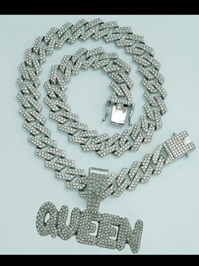Queen Cuban Link Necklace - Silver Rhinestone